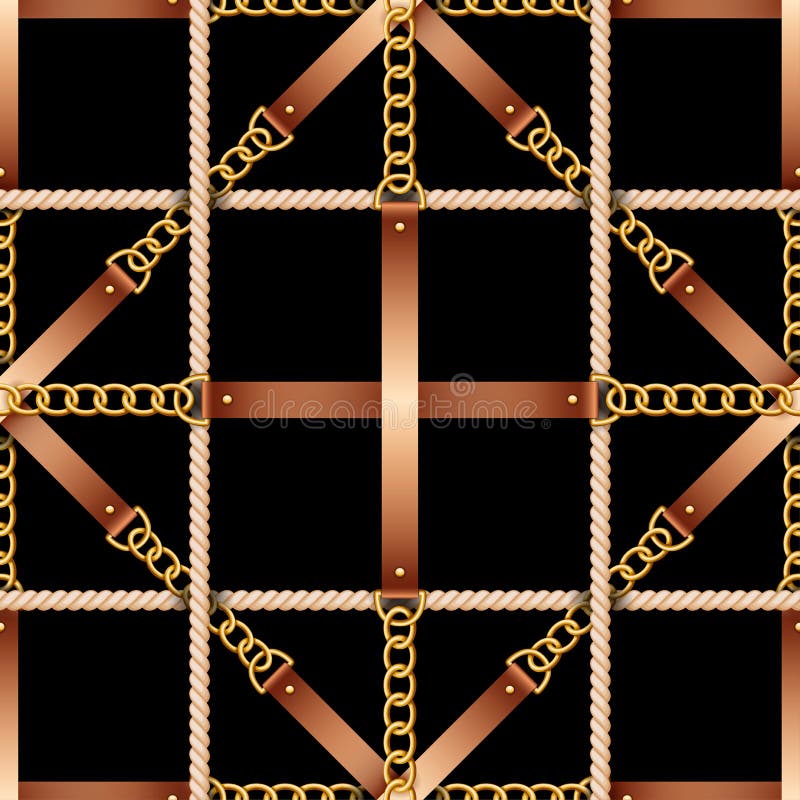 Seamless Pattern with Belts, Chains and Rope on Black Background Stock