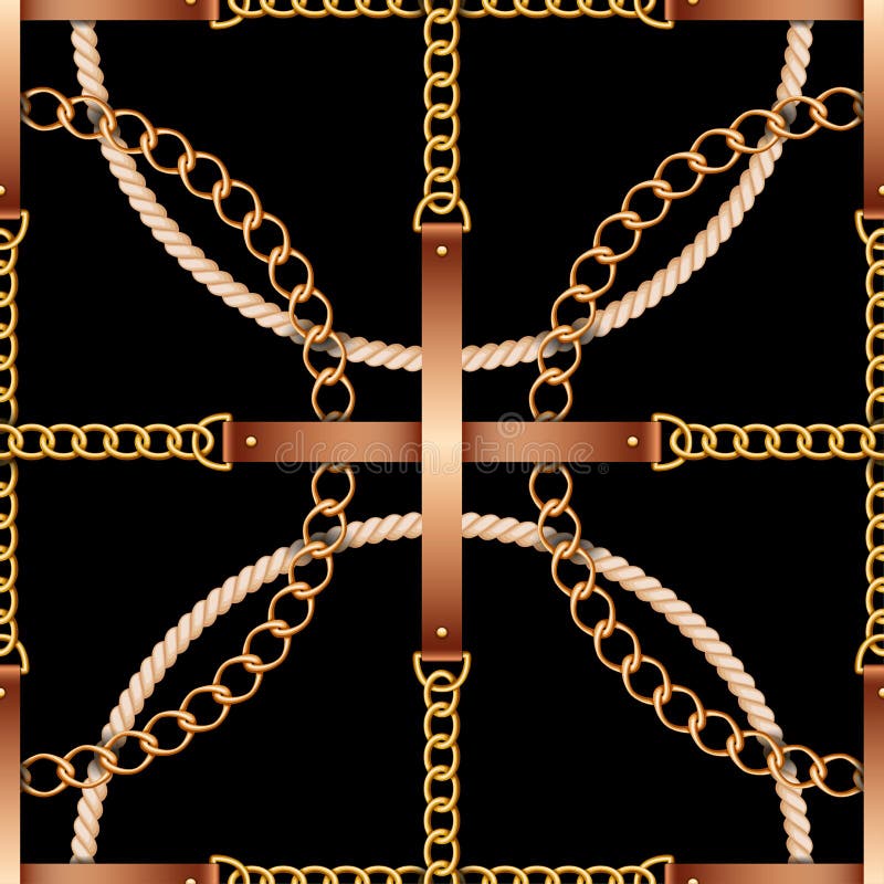 Seamless Pattern with Belts, Chains and Rope on Black Background Stock