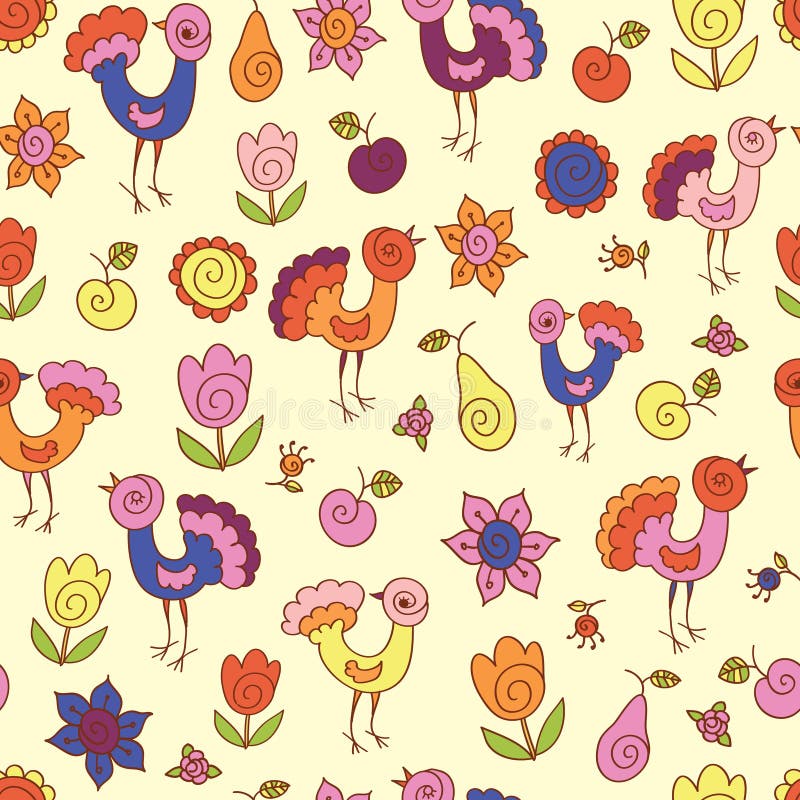 Seamless pattern with birds and flowers