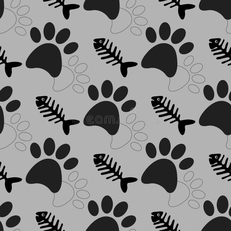 Seamless pattern with black dog paws and fish bones skeletons on gray background. Vector flat cartoon illustration.