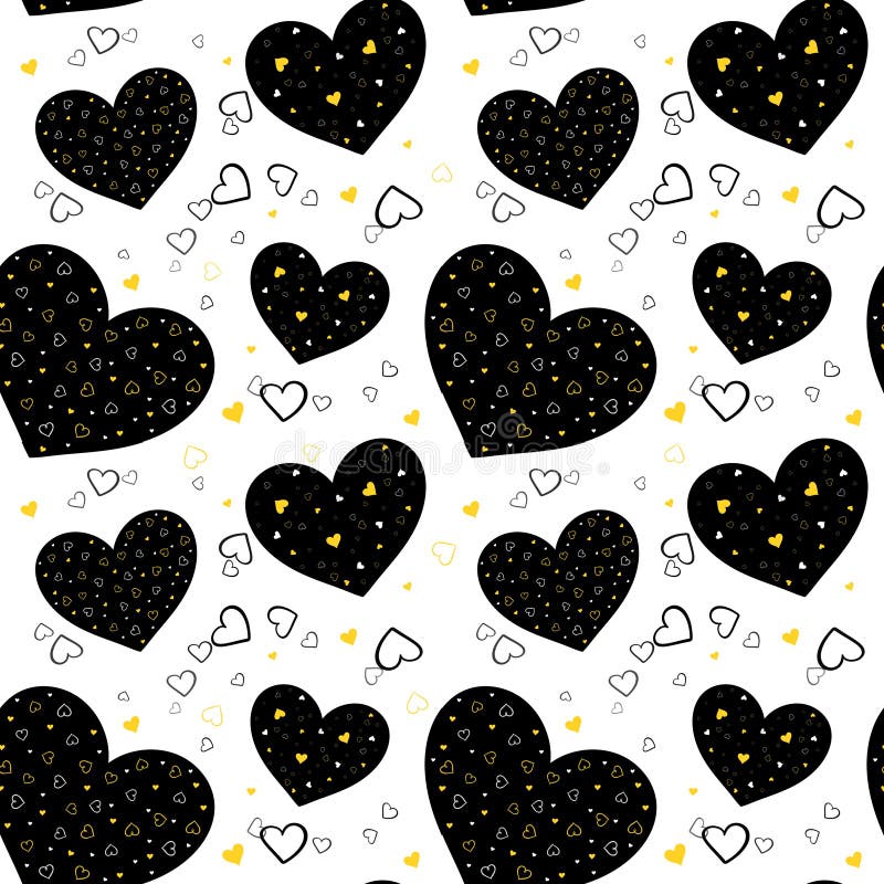 Seamless Pattern with Black and Gold Hearts on a White Background. Valentine`s Day Stock