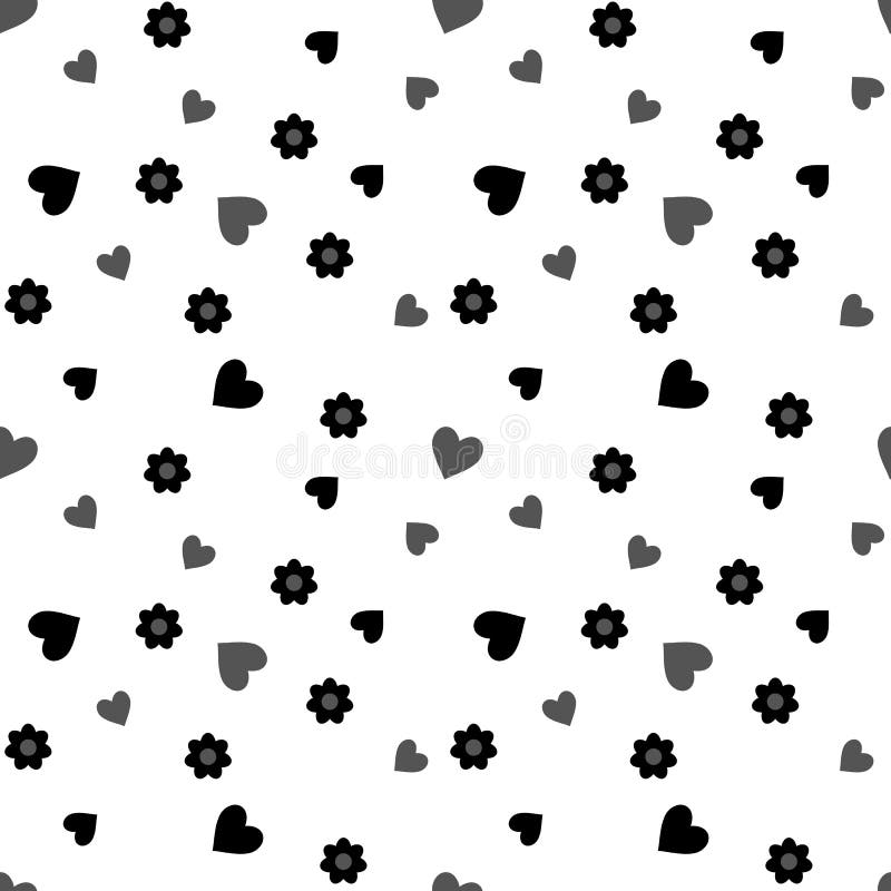 Seamless pattern with black and gray hearts and flowers on a white stock illustration