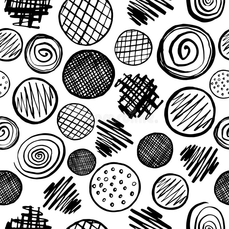 Seamless pattern of black hand drawn circles, elements for design on white background. Hand-drawn painted elements. royalty free illustration
