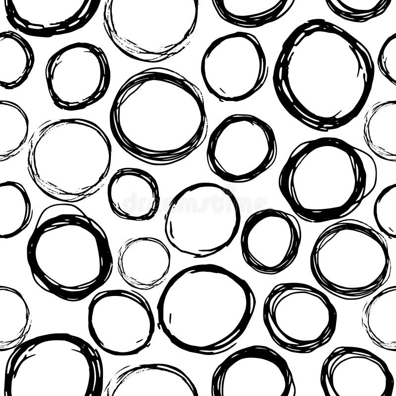 Seamless pattern of black hand drawn circles, elements for design on white background. Hand-drawn painted elements. royalty free illustration