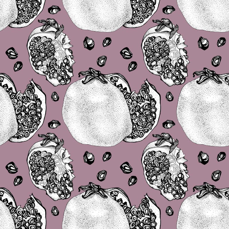 Download Seamless Pattern Black Line Art Ornate Pomegranate With Seeds On Purple Background. Art Creative ...