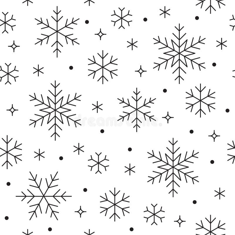 Seamless pattern with black snowflakes on white background. Flat line snowing icons, cute snow flakes repeat wallpaper