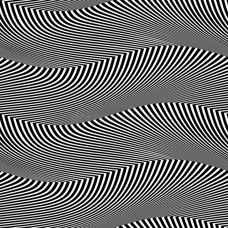 Seamless pattern of black white abstract striped waves. Optical illusion vibrant repeatable texture of distorted lines stock illustration