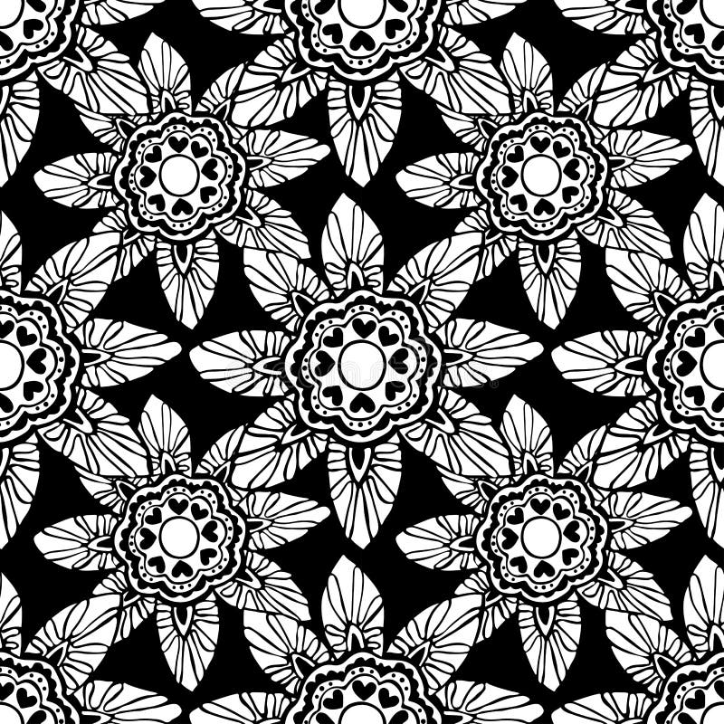 Seamless Pattern with Black and White Flowers on Black Background Stock ...