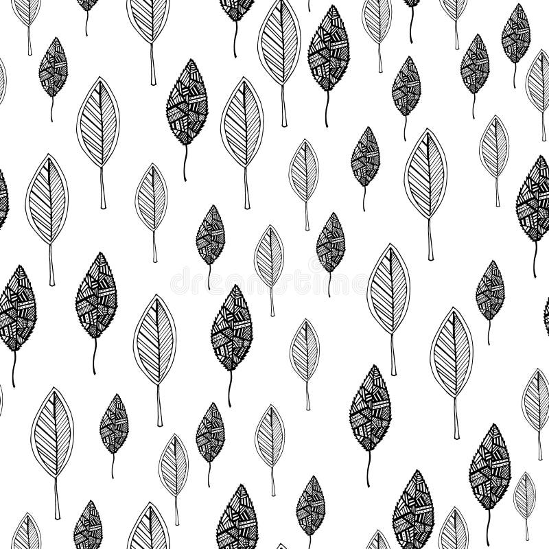 Seamless Pattern with Black and White Leaves. Vector Hand Drawn