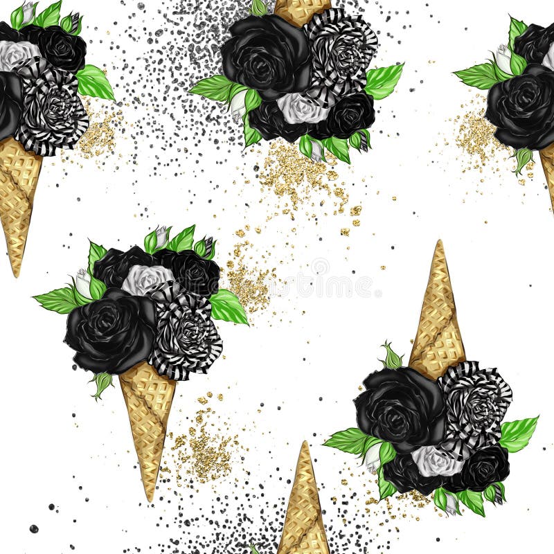 Seamless pattern - repeated background Black and white Roses ice cone on white background and gold confetti