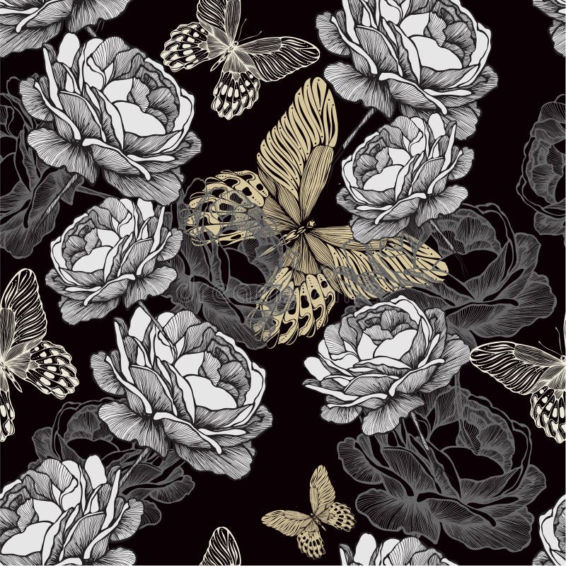 Seamless pattern with blooming roses and butterfli vector illustration