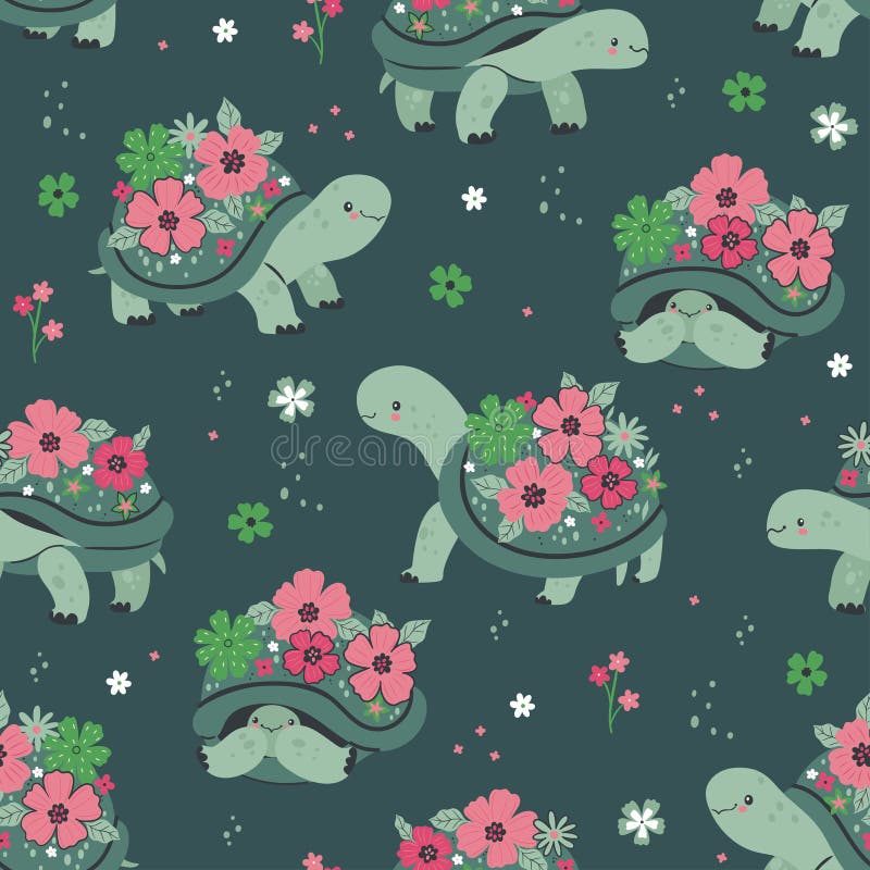 Seamless Pattern with Blooming Turtles on a Green Background. Vector