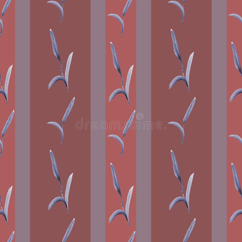 Seamless pattern of blue buds wild flowers on a dark pink background with vertical stripes. Watercolor- Illustration