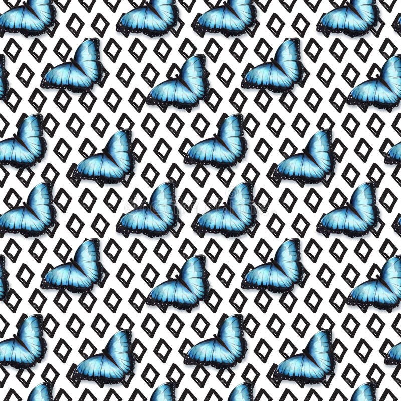 Seamless Pattern - Blue Butterflies on geometric pattern stock illustration