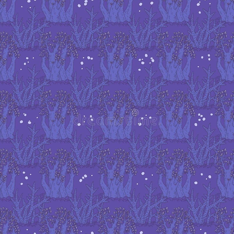 Seamless pattern of blue coral. Vector coralline reef ocean animals underwater life doodle sketch background.