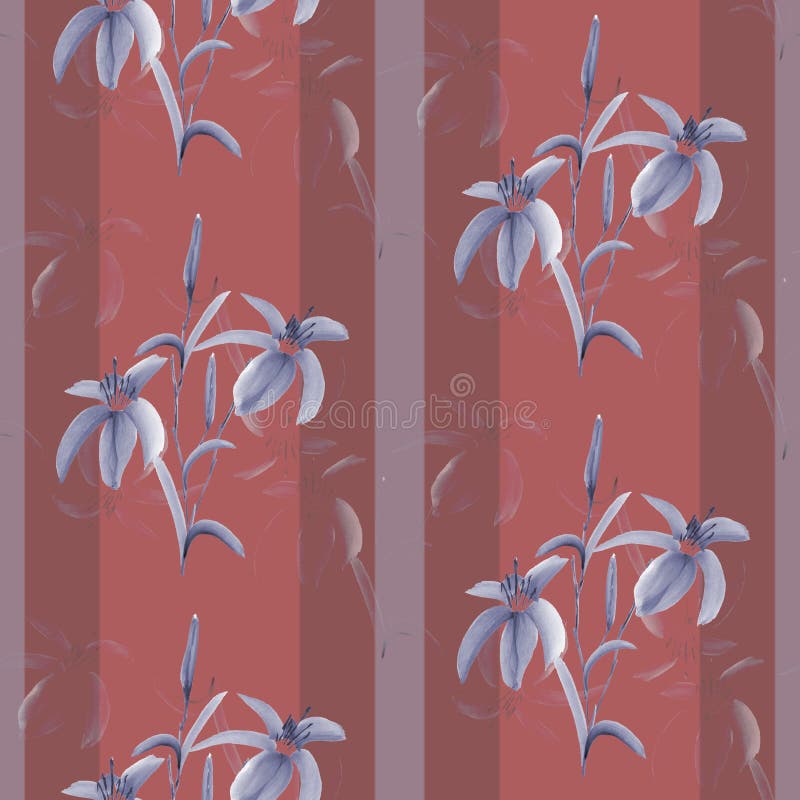 Seamless pattern blue flowers of lily on a deep pink background with vertical stripes. Watercolor- Illustration