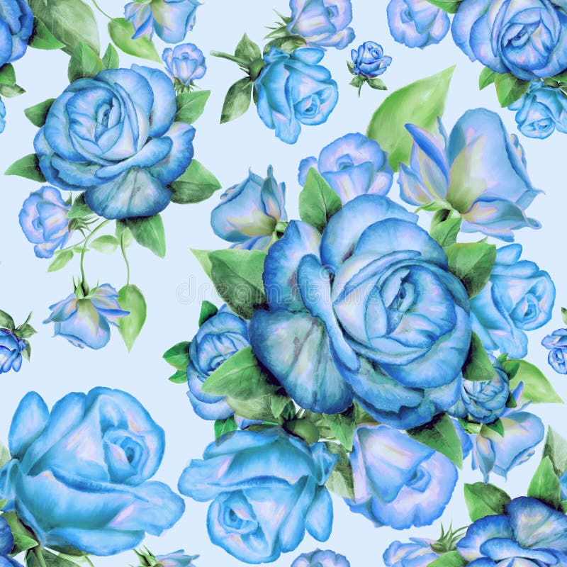 Seamless Pattern with Blue Roses and Green Leaves on Background. Stock