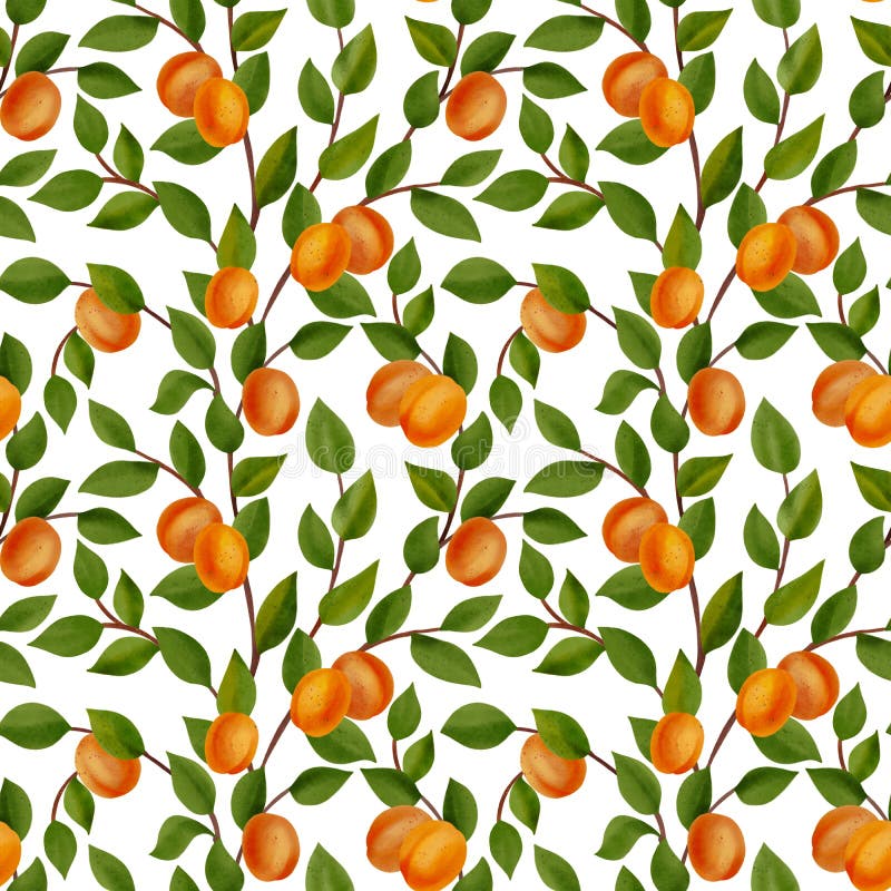 Seamless Pattern with Branches of Apricot Tree with Fruits and Leaves