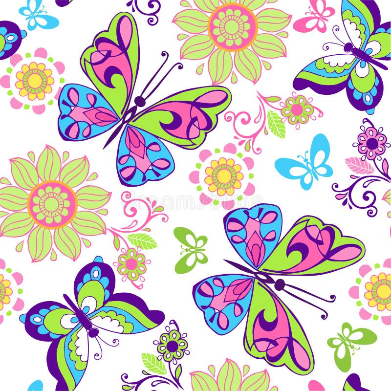 Seamless pattern of bright butterflies and flowers. Decorative o