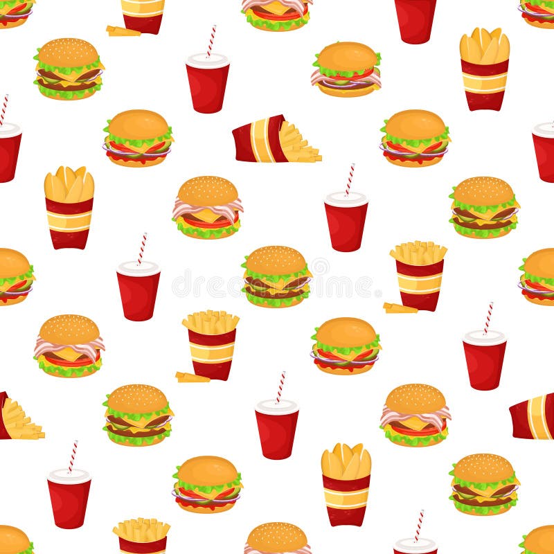 Seamless Pattern With Burgers Soda And Fries Vector Illustration Of