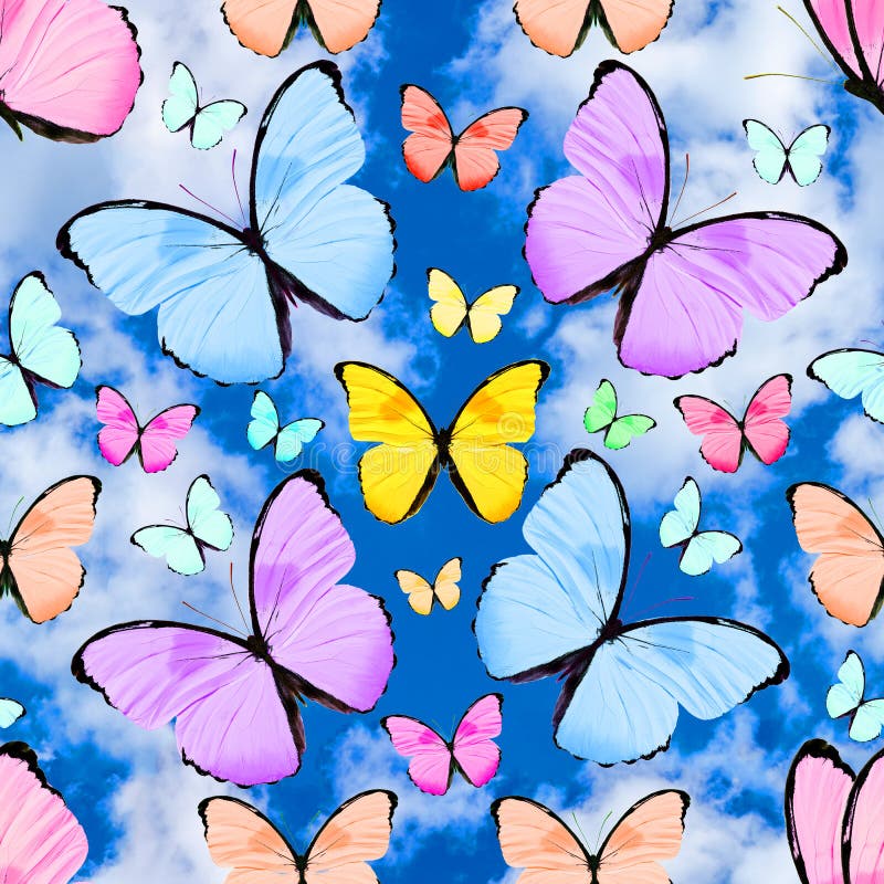 Seamless Pattern with Butterflies on a Background of Blue Sky with