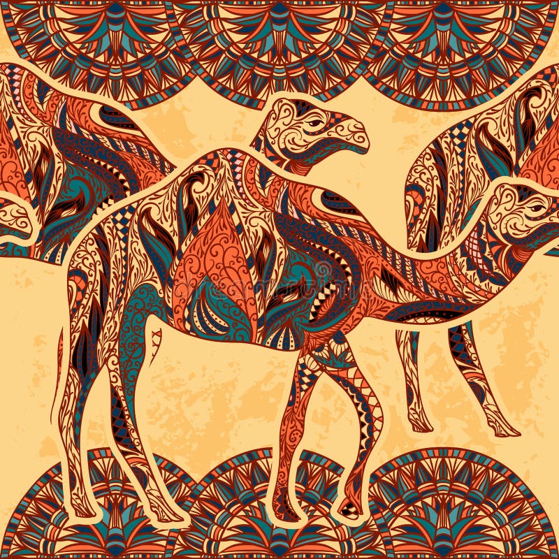 Seamless pattern with camel decorated with oriental ornaments and Egypt colorful floral ornament on grunge background. royalty free illustration Seamless pattern with camel decorated with oriental ornaments and Egypt colorful floral ornament on grunge background. royalty free illustration
