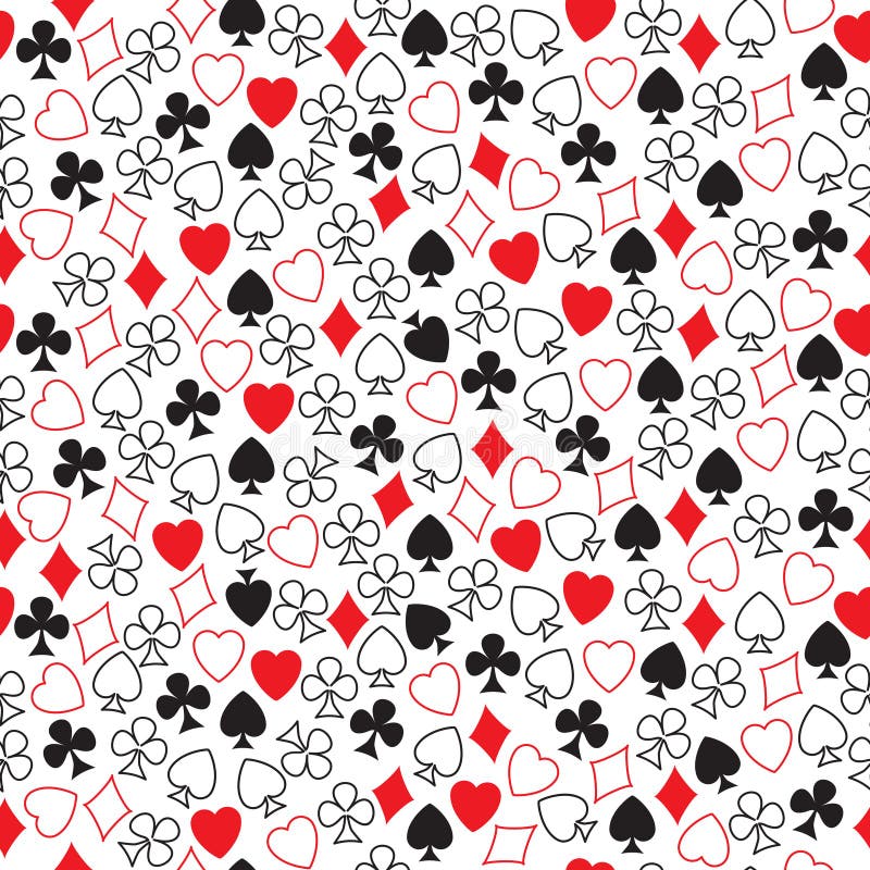 Seamless pattern of card symbols arranged randomly on white.