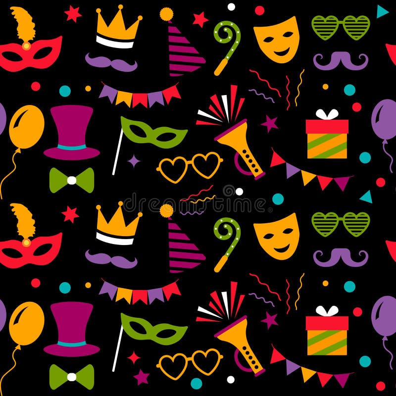 Seamless pattern with carnival or festival icons. Carnival, photographic paper and birthday party. Flat vector illustration stock illustration Seamless pattern with carnival or festival icons. Carnival, photographic paper and birthday party. Flat vector illustration stock illustration