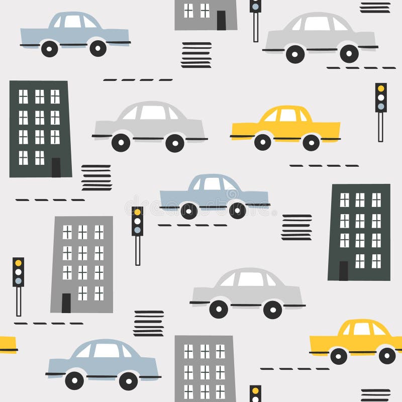 Colorful seamless pattern with cars, houses, traffic lights. Decorative background with funny transport. Automobile