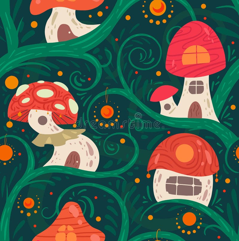 Seamless pattern with cartoon fairy tale porcini house on a liana with lanterns for fairies and gnomes on green background. royalty free illustration