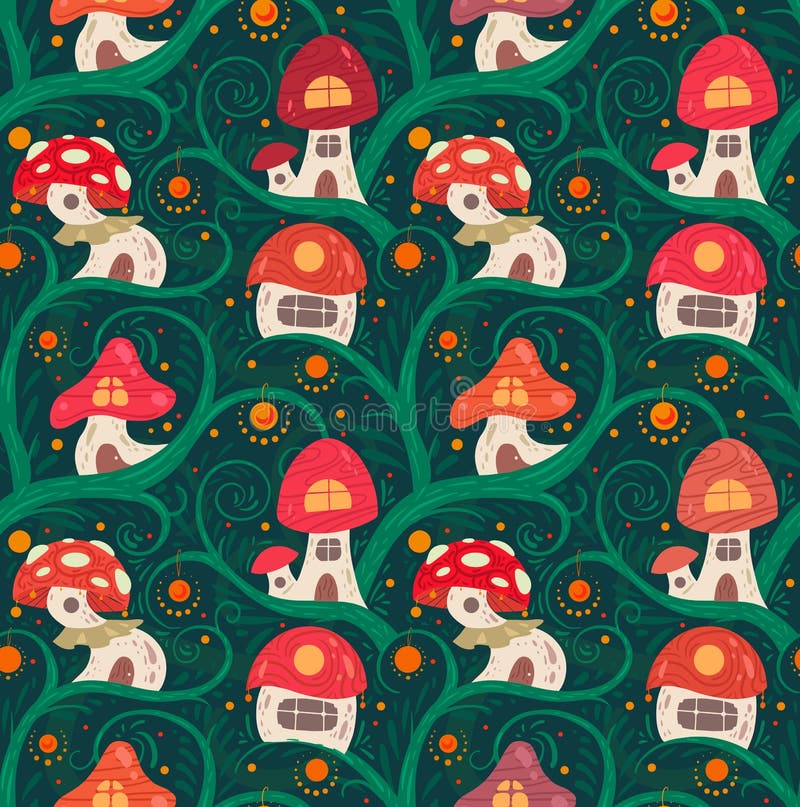 Seamless pattern with cartoon fairy tale porcini house on a liana with lanterns for fairies and gnomes on green background. vector illustration