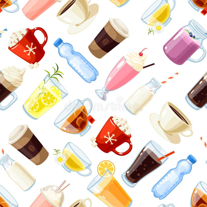 Seamless pattern with cartoon food: non-alcoholic beverages