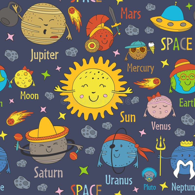 Seamless Pattern with Cartoon Funny Solar System and Names of Planets Stock  Vector - Illustration of earth, character: 106744835