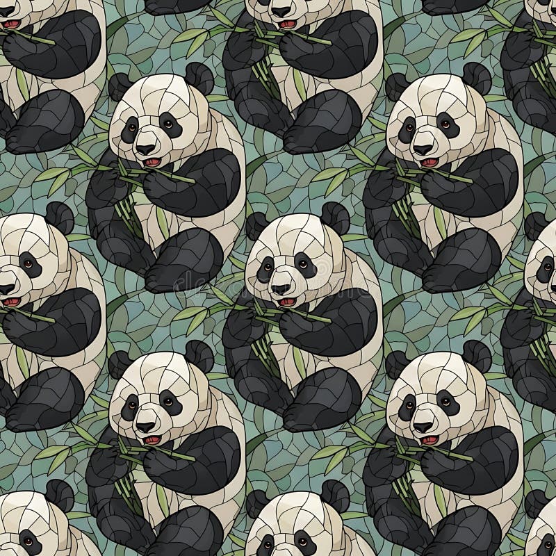 Seamless Pattern of Cartoon Pandas Eating Bamboo vector illustration
