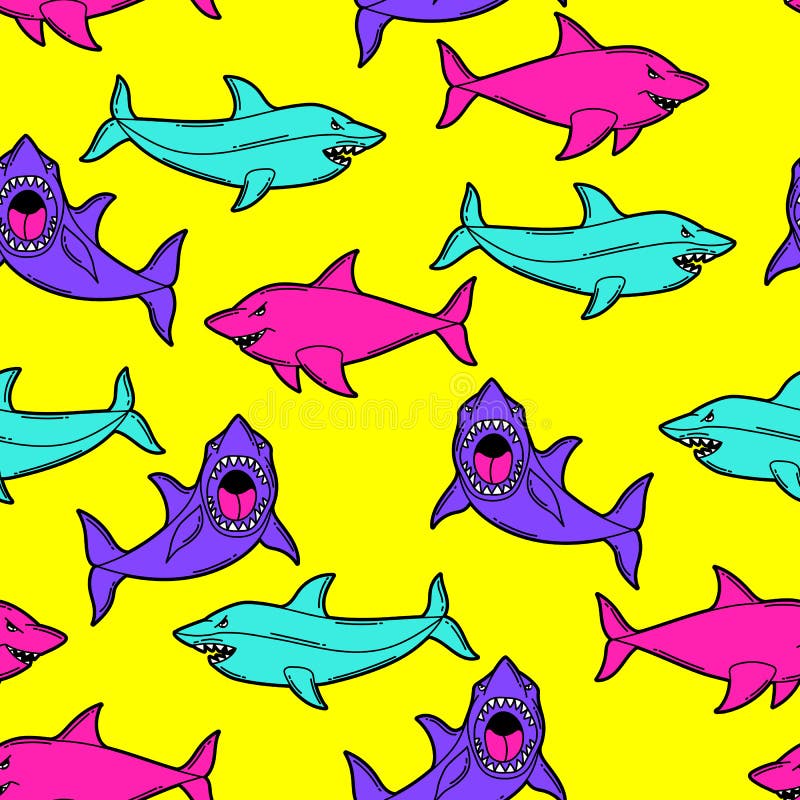 Seamless pattern with cartoon sharks. Urban colorful teenage creative background. stock illustration Seamless pattern with cartoon sharks. Urban colorful teenage creative background. stock illustration