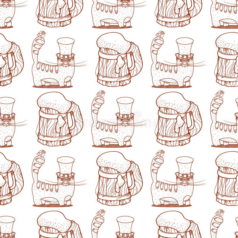 Seamless pattern with cat and a mug of foamy beer royalty free illustration