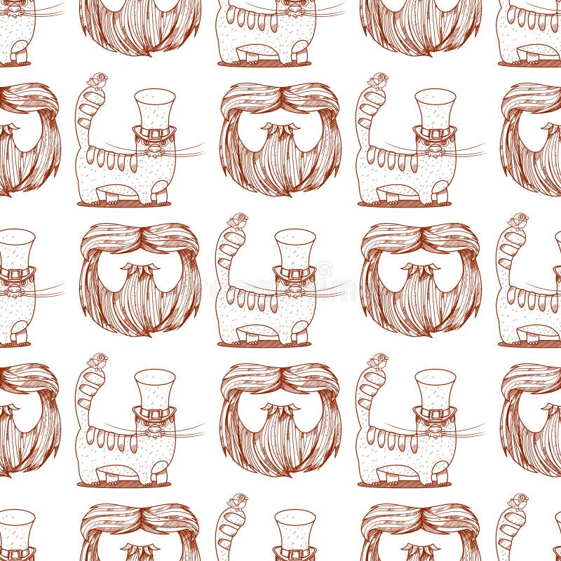 Seamless pattern with cat in a top hat and beard vector illustration