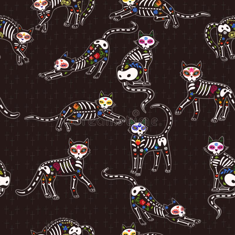 Seamless pattern of cats of the day of the dead. Vector graphics