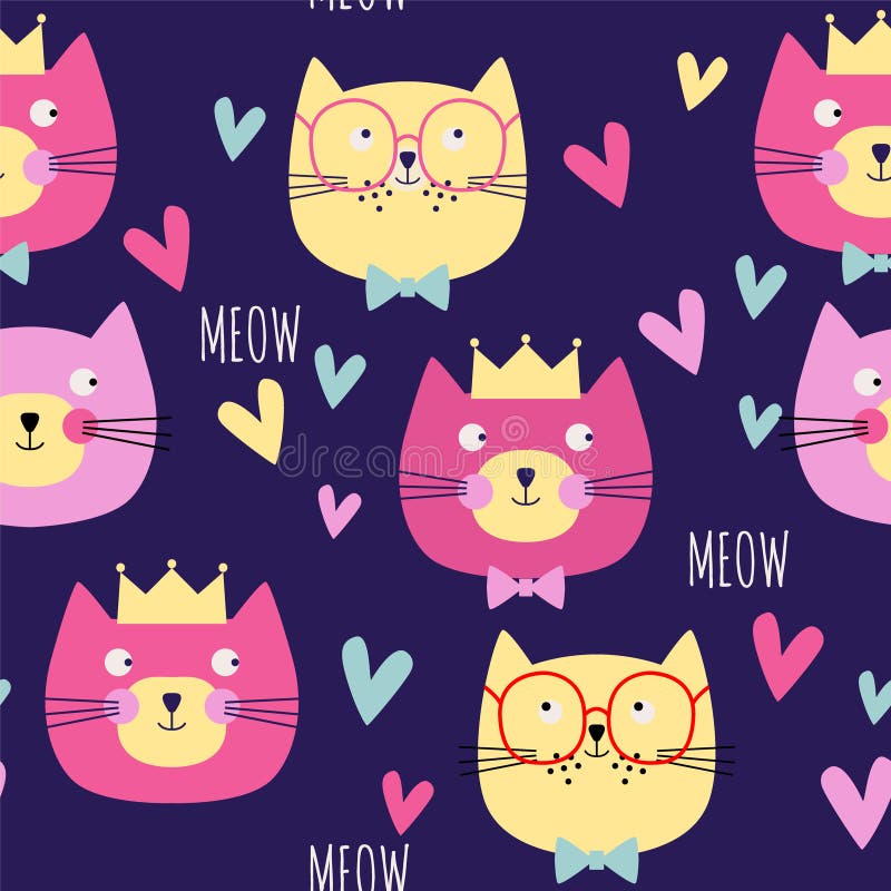 Seamless pattern with cats, hearts, crowns on dark blue background. Vector illustration. stock illustration Seamless pattern with cats, hearts, crowns on dark blue background. Vector illustration. stock illustration