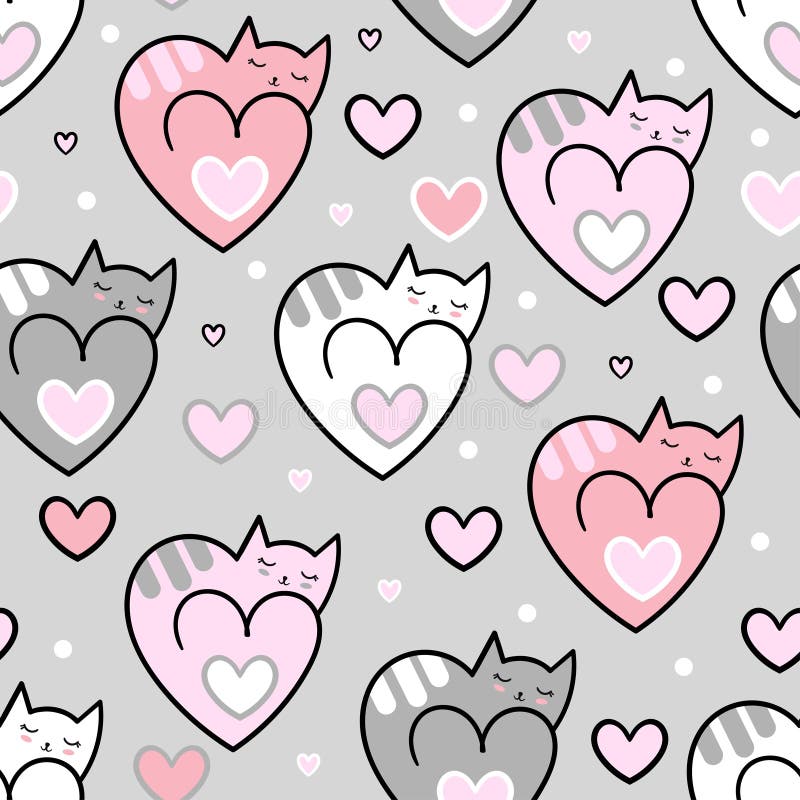 Seamless pattern. Cats hearts on a grey background. Vector stock illustration Seamless pattern. Cats hearts on a grey background. Vector stock illustration