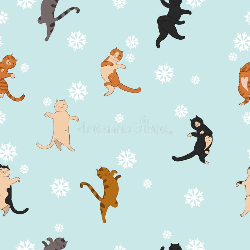 Seamless Pattern with Cats and Snowflakes. Vector Graphics Stock