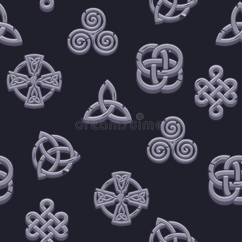 Seamless pattern Celtic symbols. Cartoon set celtic stones icons on black background. royalty free illustration Seamless pattern Celtic symbols. Cartoon set celtic stones icons on black background. royalty free illustration