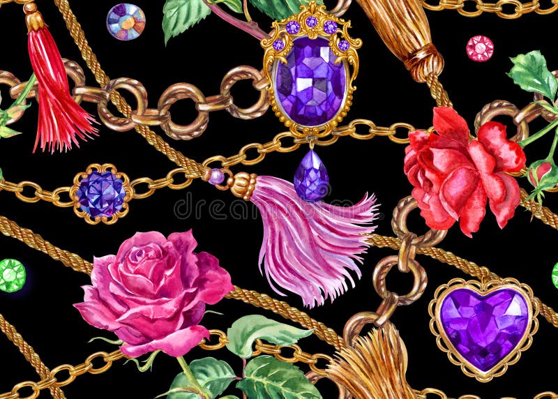 Seamless pattern of chains, brushes, brooches, rhinestones and roses on on black background, fashionable print for fabric or other designs.