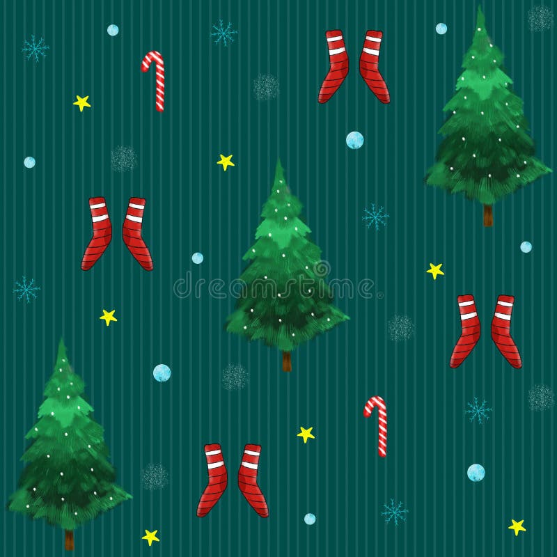 Seamless Pattern with Christmas Tree, Santa Socks and Christmas Candy ...
