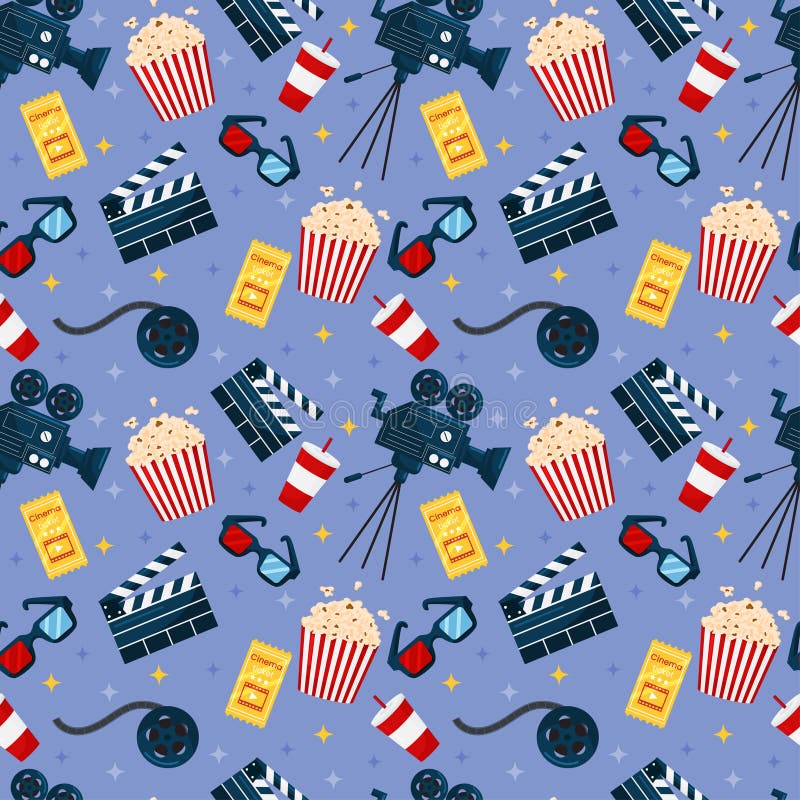 Seamless Pattern with Cinema Elements on Blue Background. Backdrop for