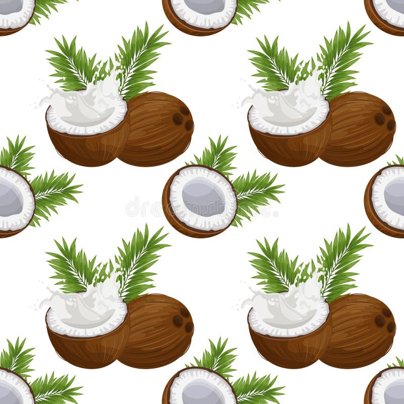Seamless Pattern, Coconuts, Coconut Halves with Milk Splash and Palm
