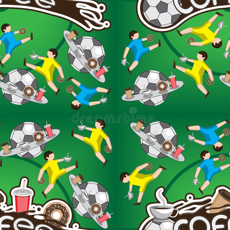 Seamless pattern. Coffee football. Football players lettering letters donut ball liquid Cup play. Vector illustration stock illustration Seamless pattern. Coffee football. Football players lettering letters donut ball liquid Cup play. Vector illustration stock illustration