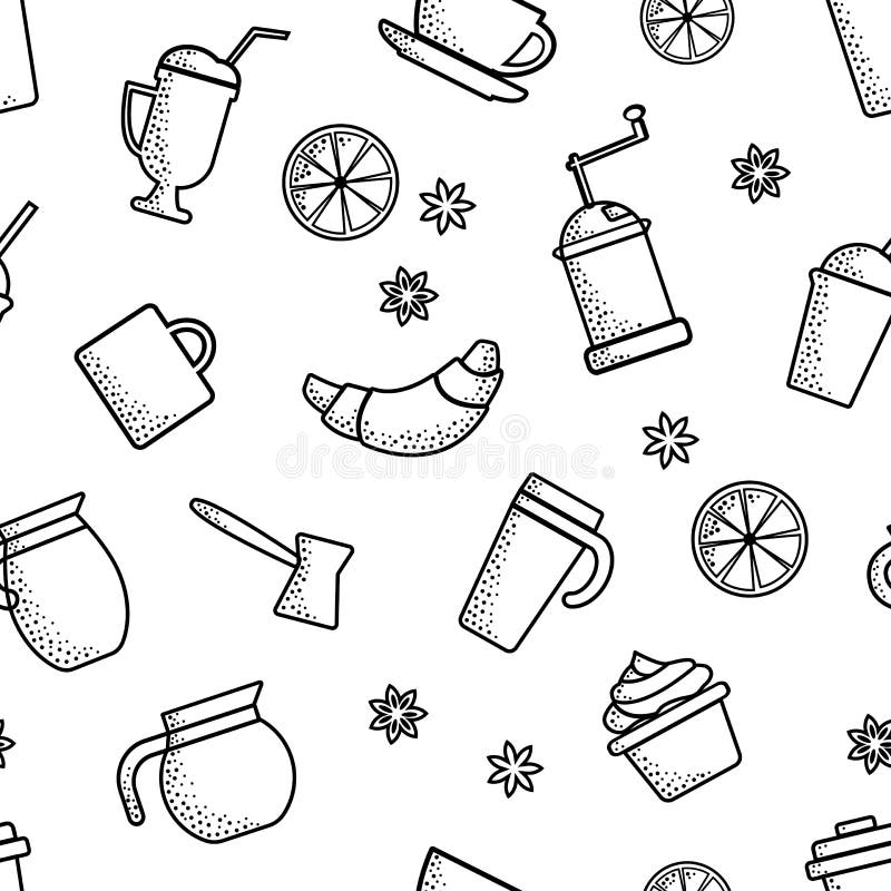 Seamless pattern on coffee theme. Outline design. Black objects on white background. Vector royalty free illustration Seamless pattern on coffee theme. Outline design. Black objects on white background. Vector royalty free illustration