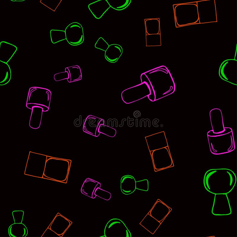 Seamless pattern with colorful bottles of nail polish on a black background