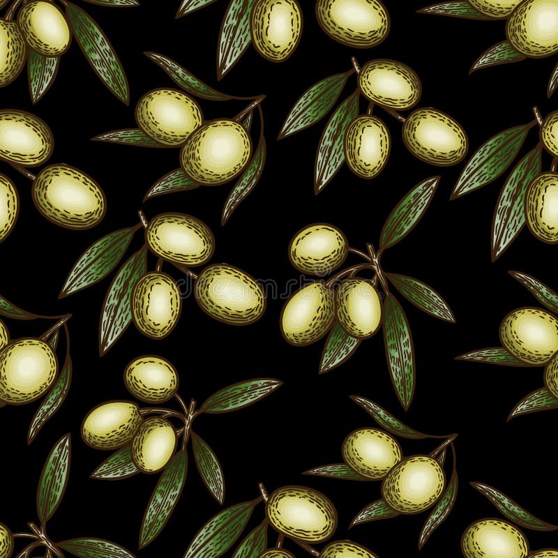 Seamless pattern of colorful olives in the engraving vintage style on black background. vector illustration Seamless pattern of colorful olives in the engraving vintage style on black background. vector illustration